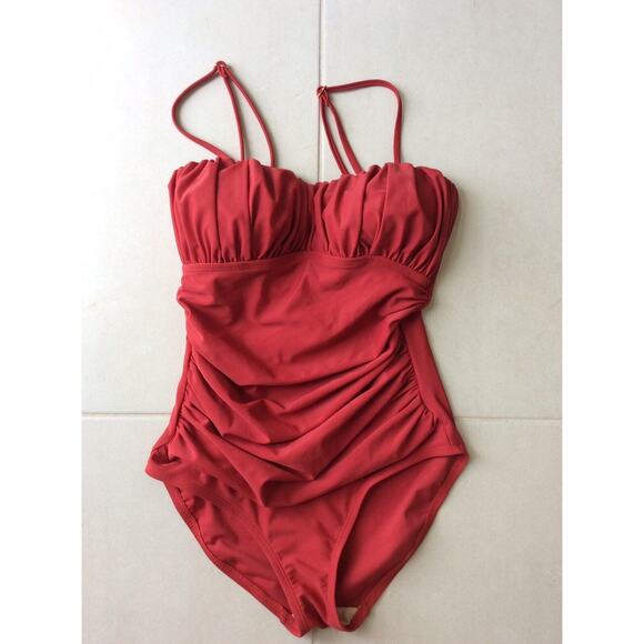 No Brand Swim One Piece Swimsuit Pleated Ruched Swimwear Rust - Picture 1 of 8